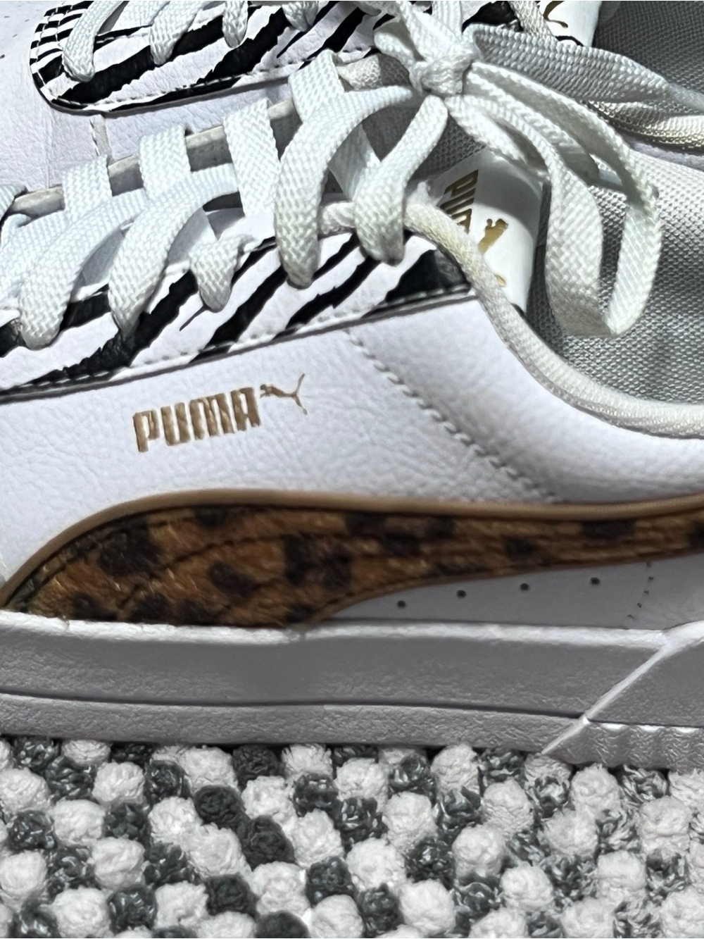 Puma White Sneakers with Black Zebra and Brown Marbled Accent